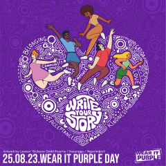 Wear it Purple Day logo with white heart containing aboriginal artwork and people